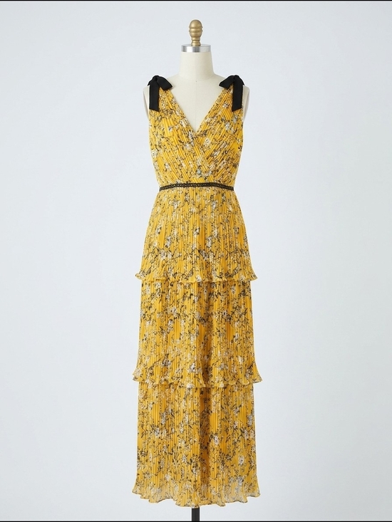 Lulus Dresses & Skirts - Lulu's‎ Yellow Floral Pleated Tiered Maxi Dress with Black Tie Straps Romantic